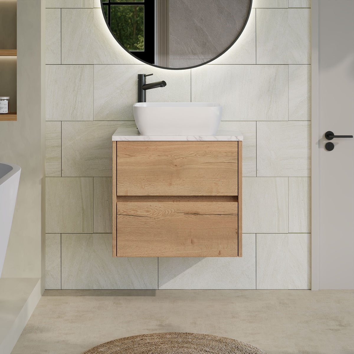 Modern Splash 600mm Autumn Oak 2 Drawer Wall Hung Vanity Unit With Carrara Laminate Worktop