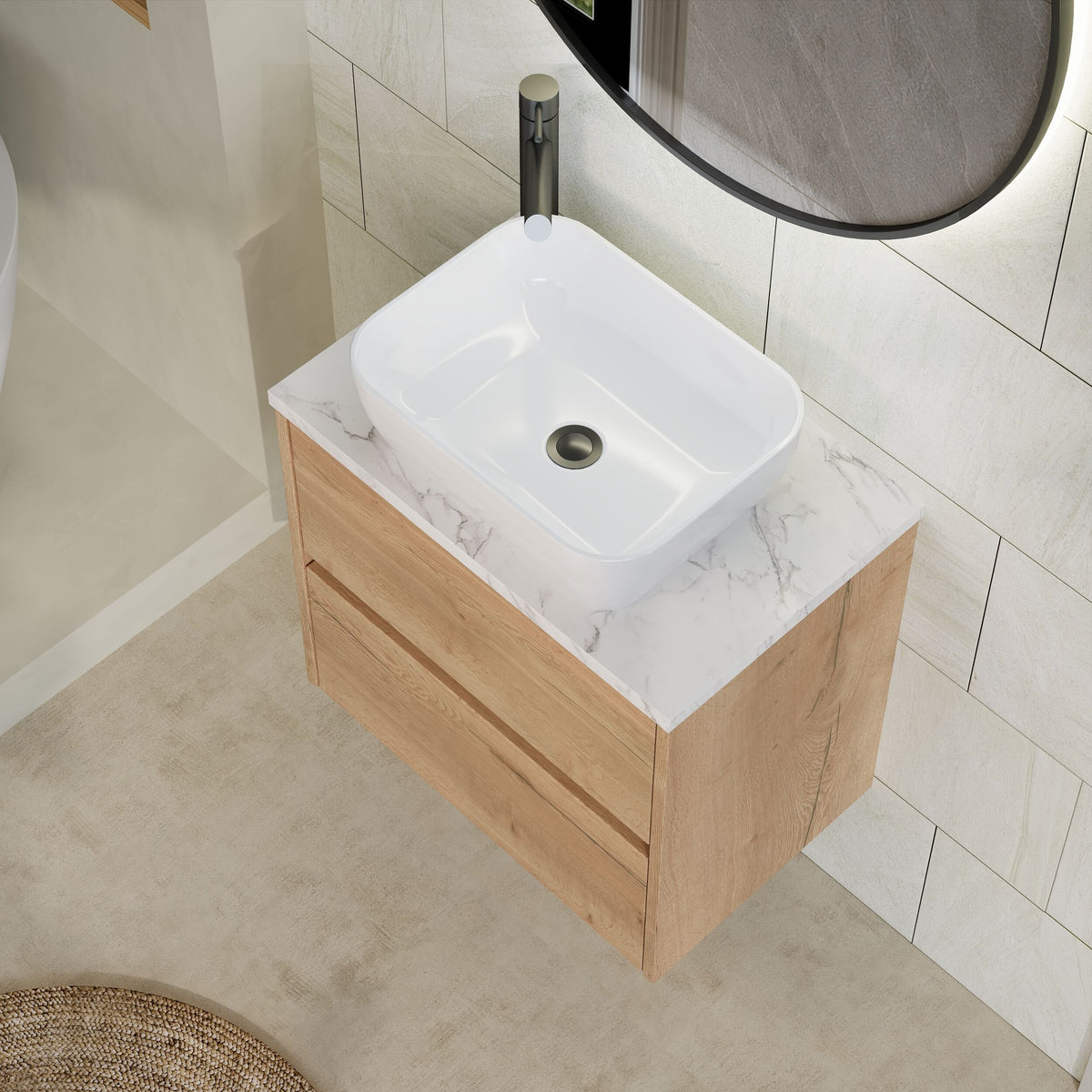 Modern Splash 600mm Autumn Oak 2 Drawer Wall Hung Vanity Unit With Carrara Laminate Worktop