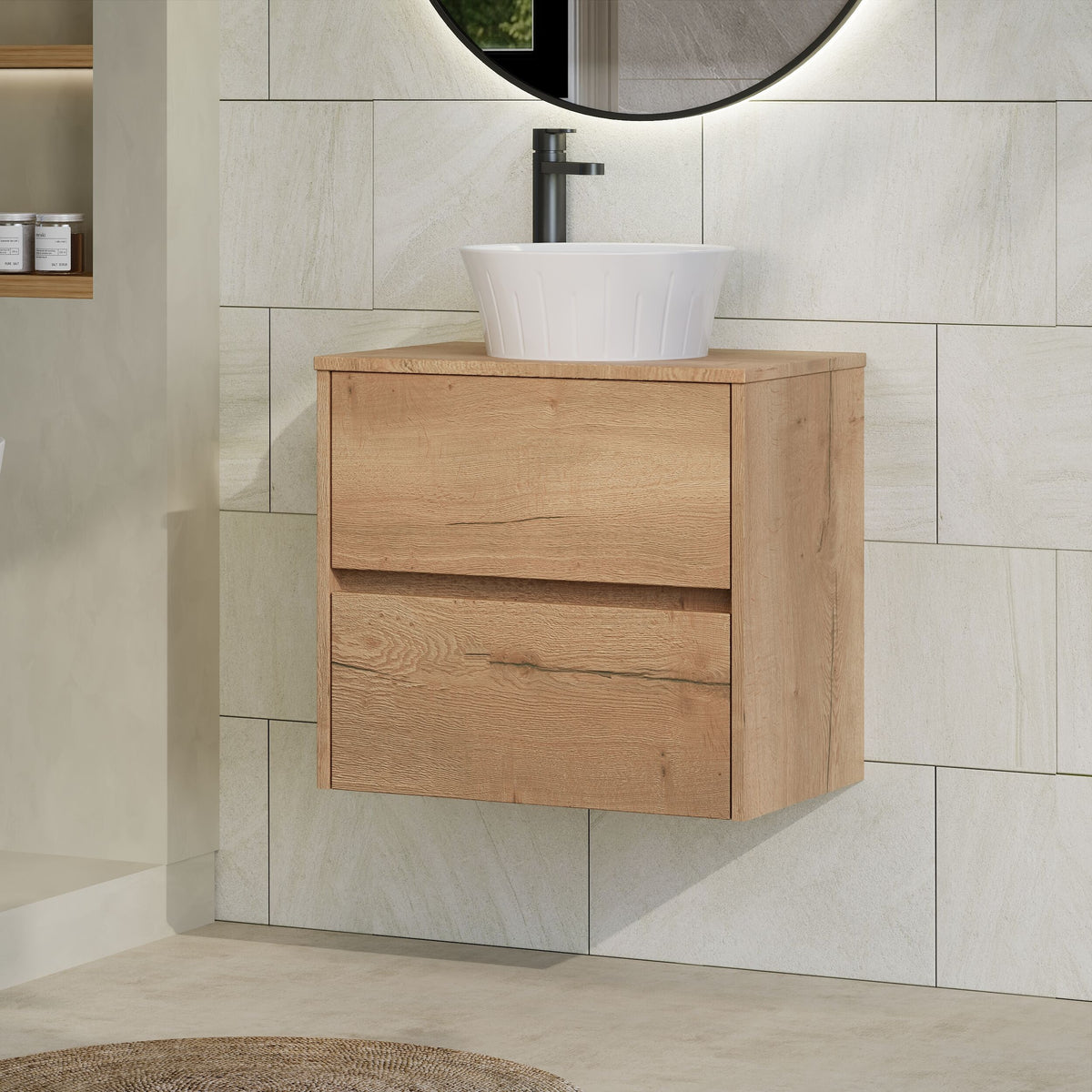 Modern Splash 600mm Autumn Oak 2 Drawer Wall Hung Vanity Unit & Worktop