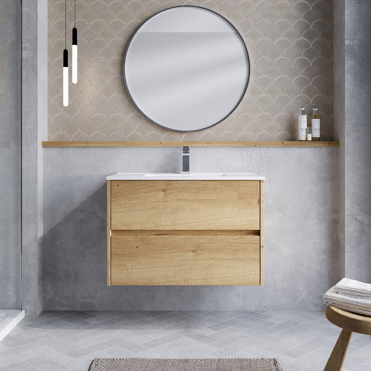 Modern Splash 800mm Autumn Oak 2 Drawer Wall Hung Vanity Unit With Minimalist Basin