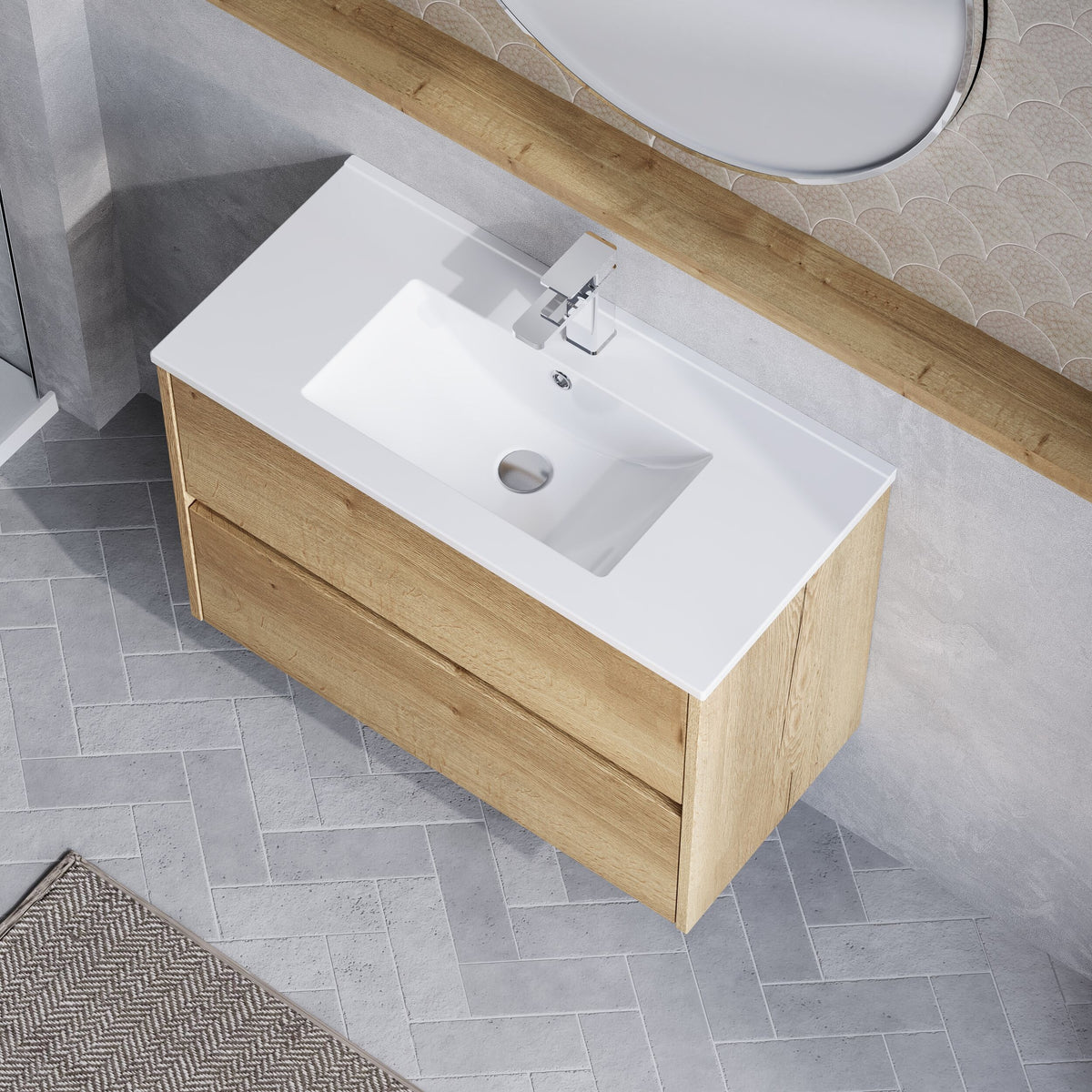 Modern Splash 800mm Autumn Oak 2 Drawer Wall Hung Vanity Unit With Minimalist Basin