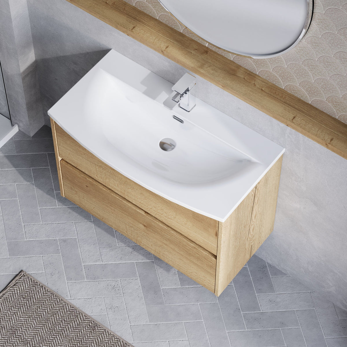 Modern Splash 800mm Autumn Oak 2 Drawer Wall Hung Vanity Unit With U-Shaped Curved Basin