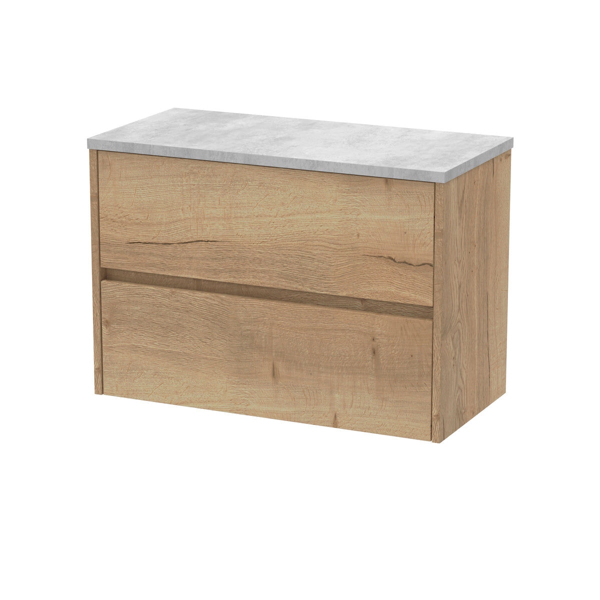 Modern Splash 800mm Autumn Oak 2 Drawer Wall Hung Vanity Unit With Bellato Grey Worktop