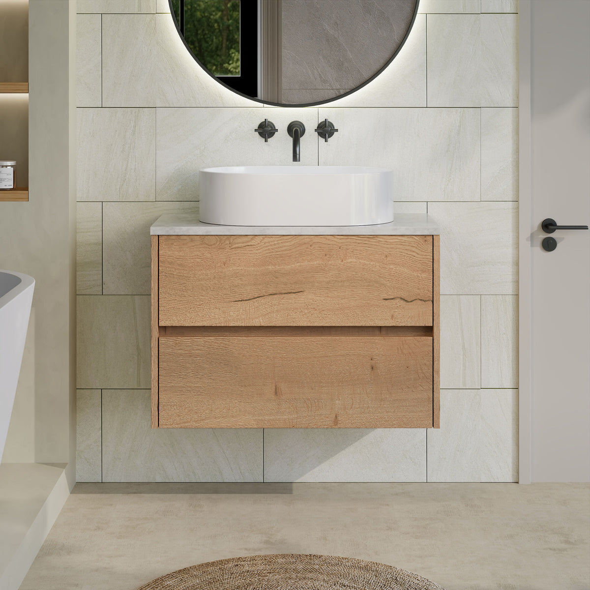 Modern Splash 800mm Autumn Oak 2 Drawer Wall Hung Vanity Unit With Bellato Grey Worktop