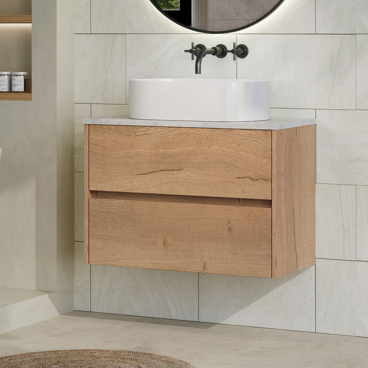 Modern Splash 800mm Autumn Oak 2 Drawer Wall Hung Vanity Unit With Bellato Grey Worktop