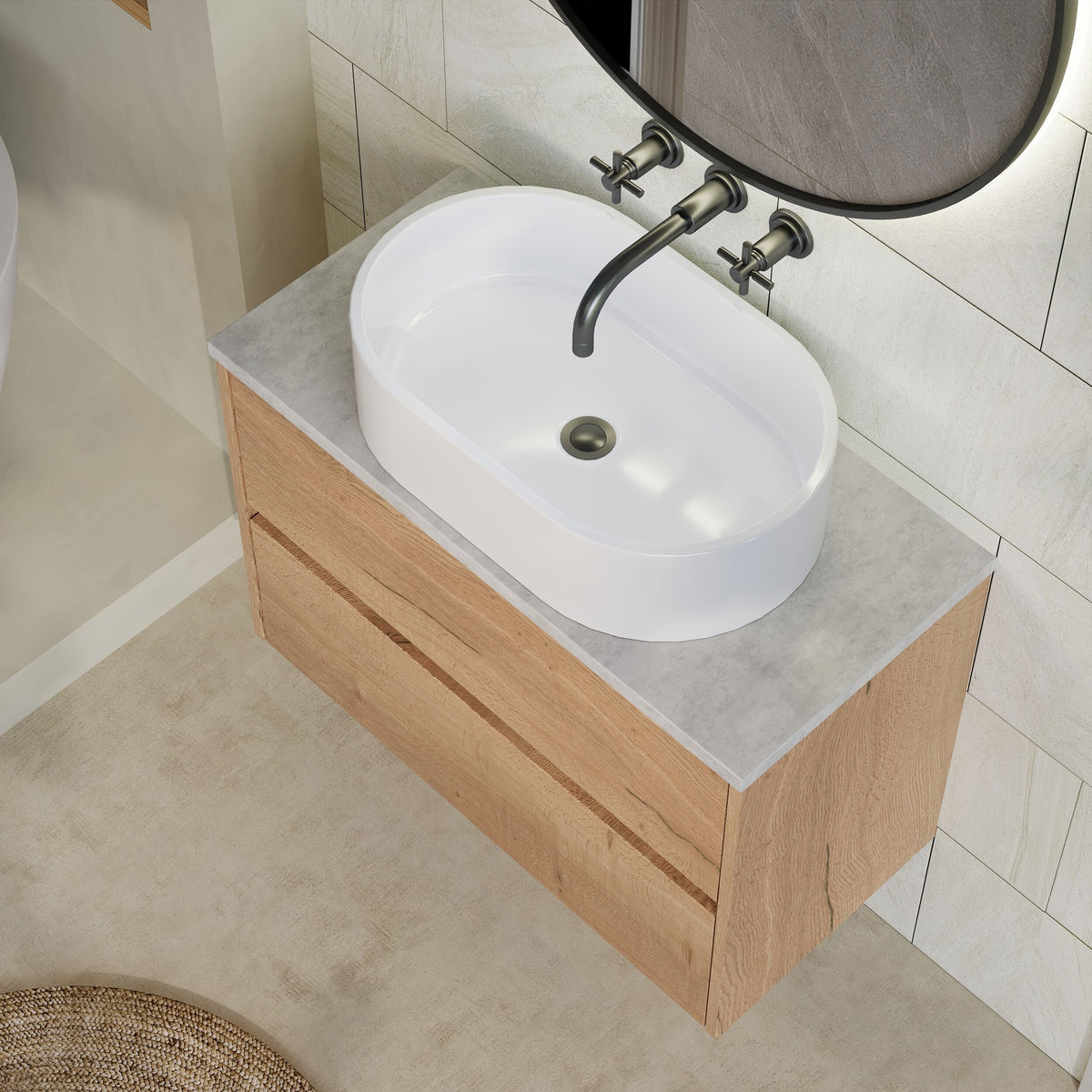 Modern Splash 800mm Autumn Oak 2 Drawer Wall Hung Vanity Unit With Bellato Grey Worktop