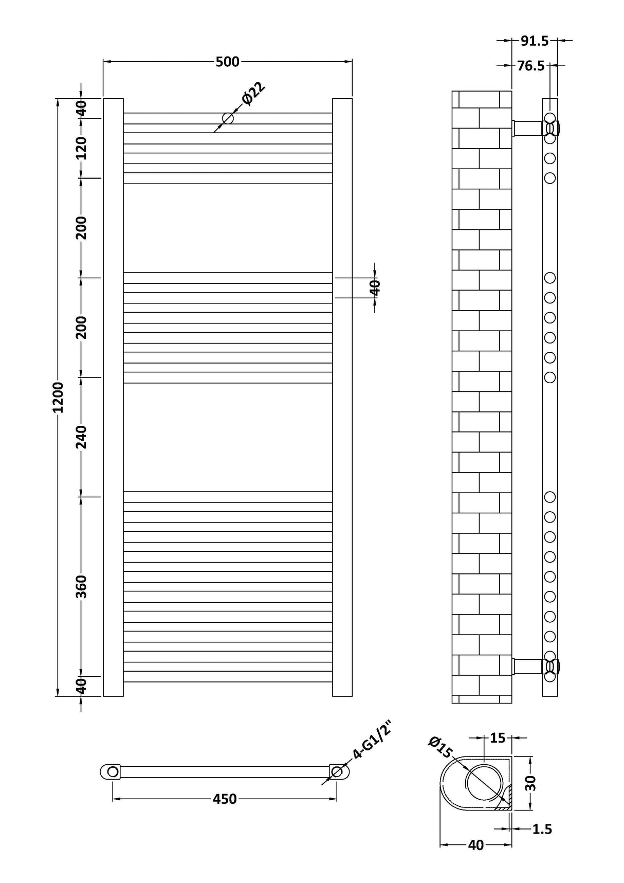 Modern Splash choice Anthracite 1200mm x 500mm 18 Rail Vertical Ladder Rail