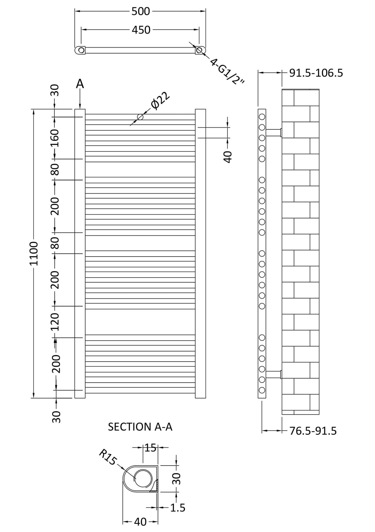 Modern Splash 1100mm x 500mm Chrome Vertical Ladder Rail