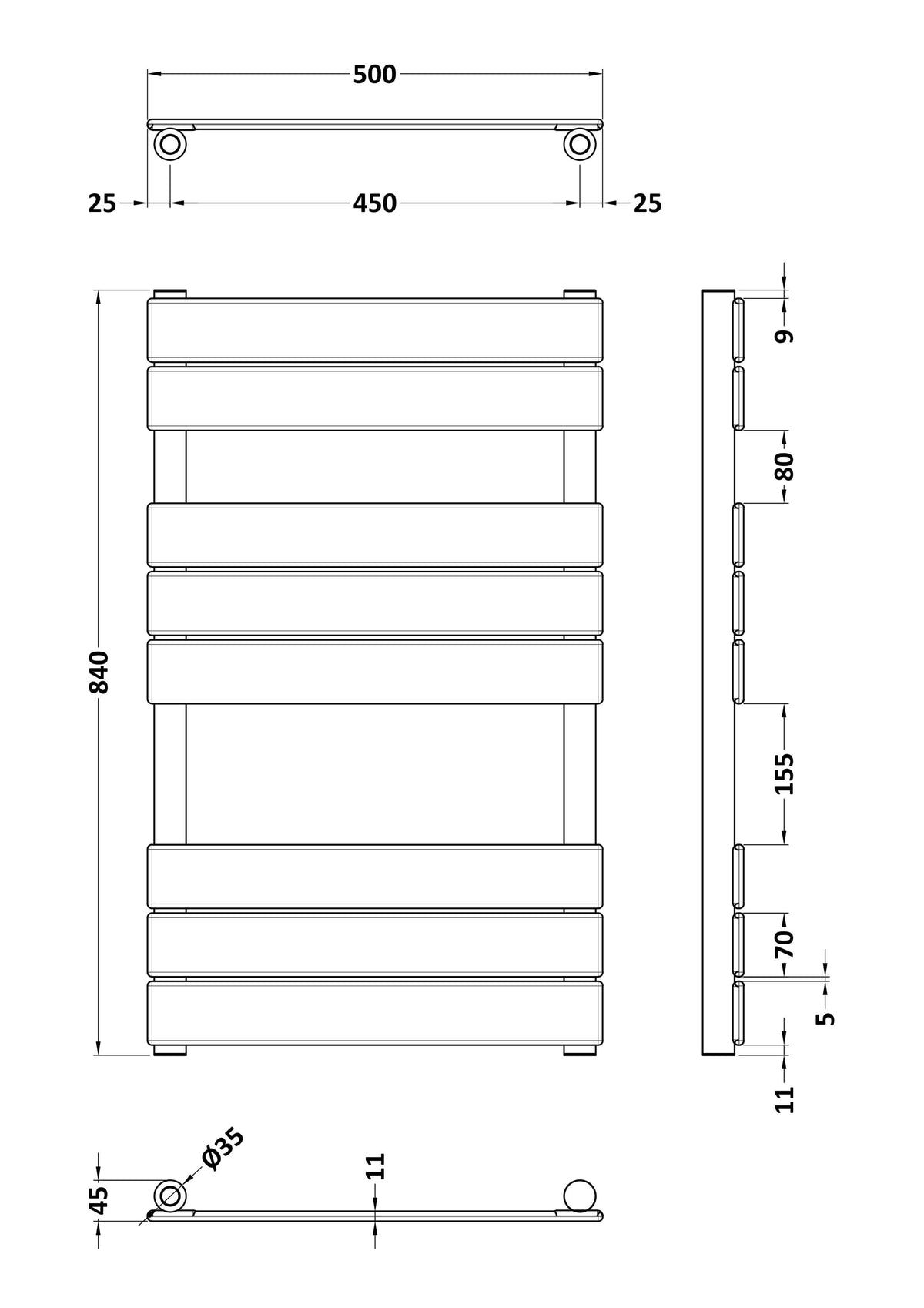 Piazza Brushed Brass 840mm x 500mm Vertical Heated Towel Rail