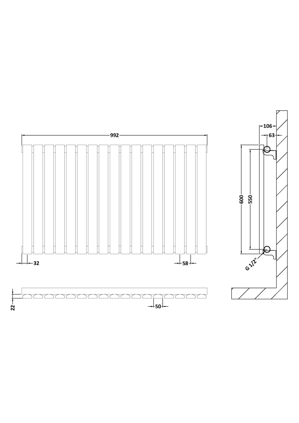 Sloane Anthracite 992mm x 600mm Horizontal Single Panel Radiator