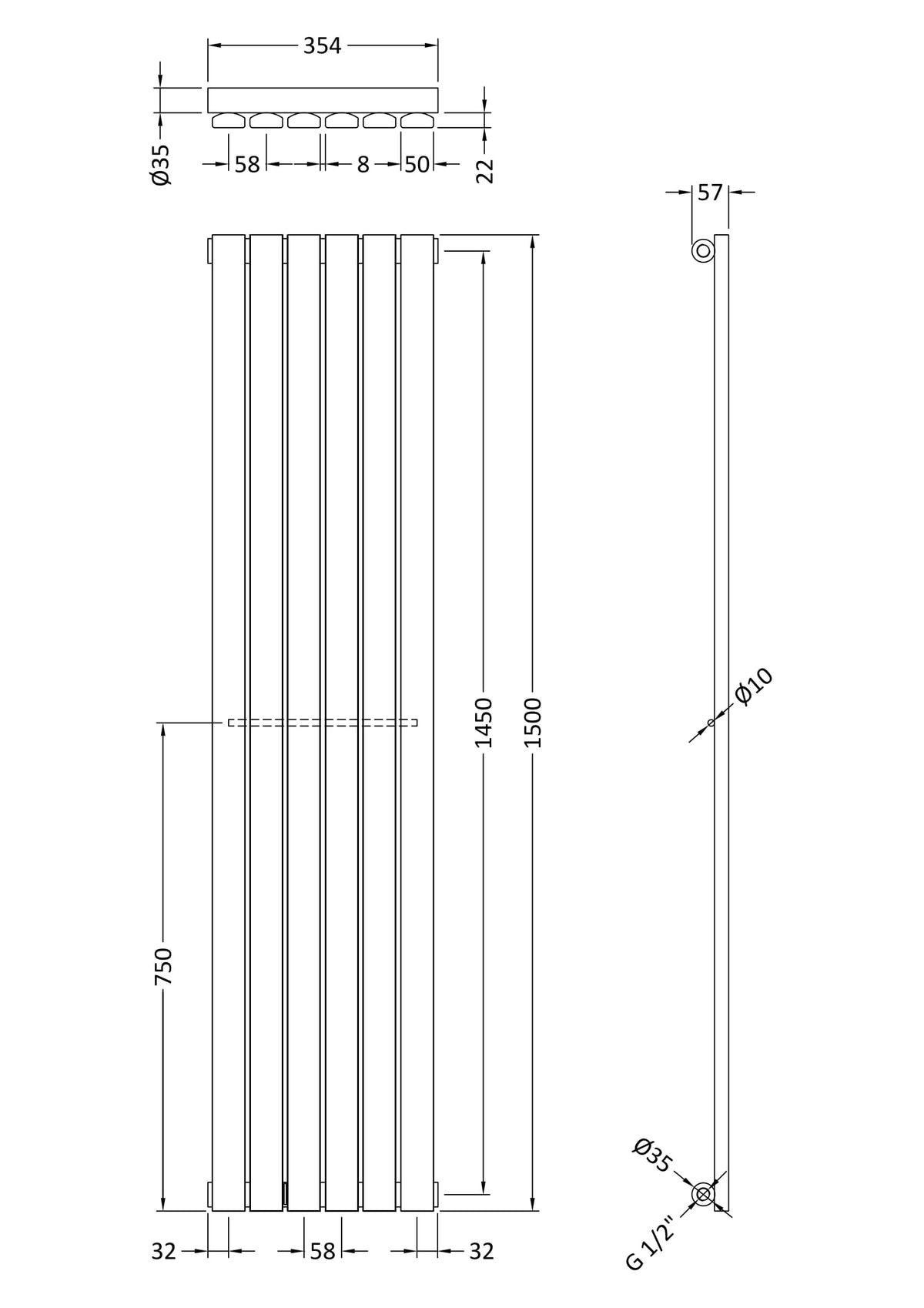 Sloane White 1500mm x 354mm Vertical Single Panel Radiator