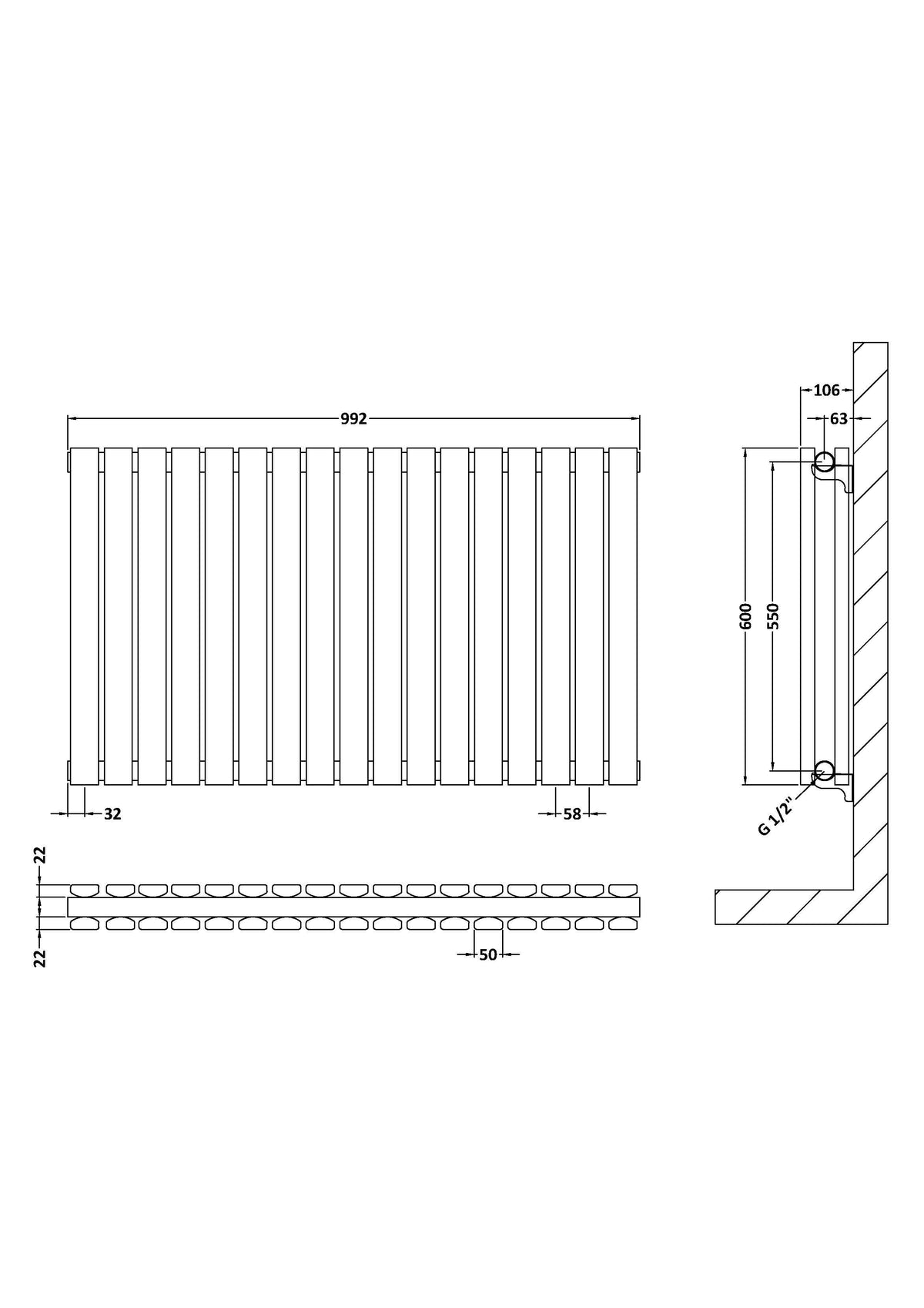 Modern Splash White 600 x 992mm Horizontal Double Panel Radiator