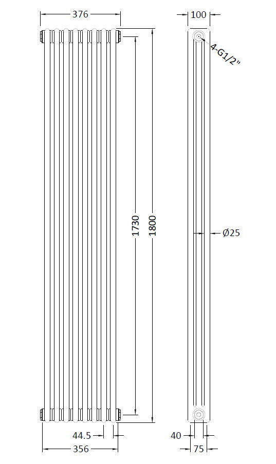 Colosseum White 1800mm x 376mm Vertical Column Radiator