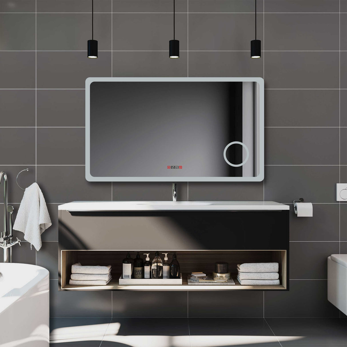 Modern Splash LED Mirror with Clock, 3x Magnifying Adjustable Brightness