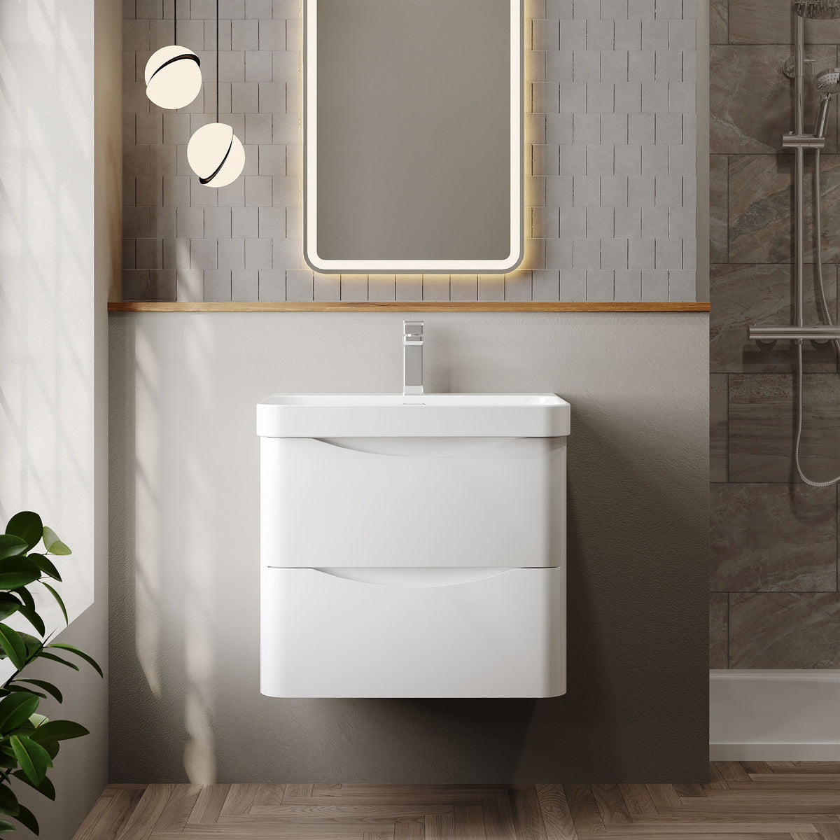 Modern Splash 600mm Satin White 2 Drawer Wall Hung Vanity Unit With Thin Edge Basin