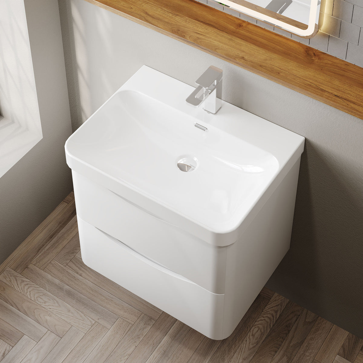 Modern Splash 600mm Satin White 2 Drawer Wall Hung Vanity Unit With Thin Edge Basin