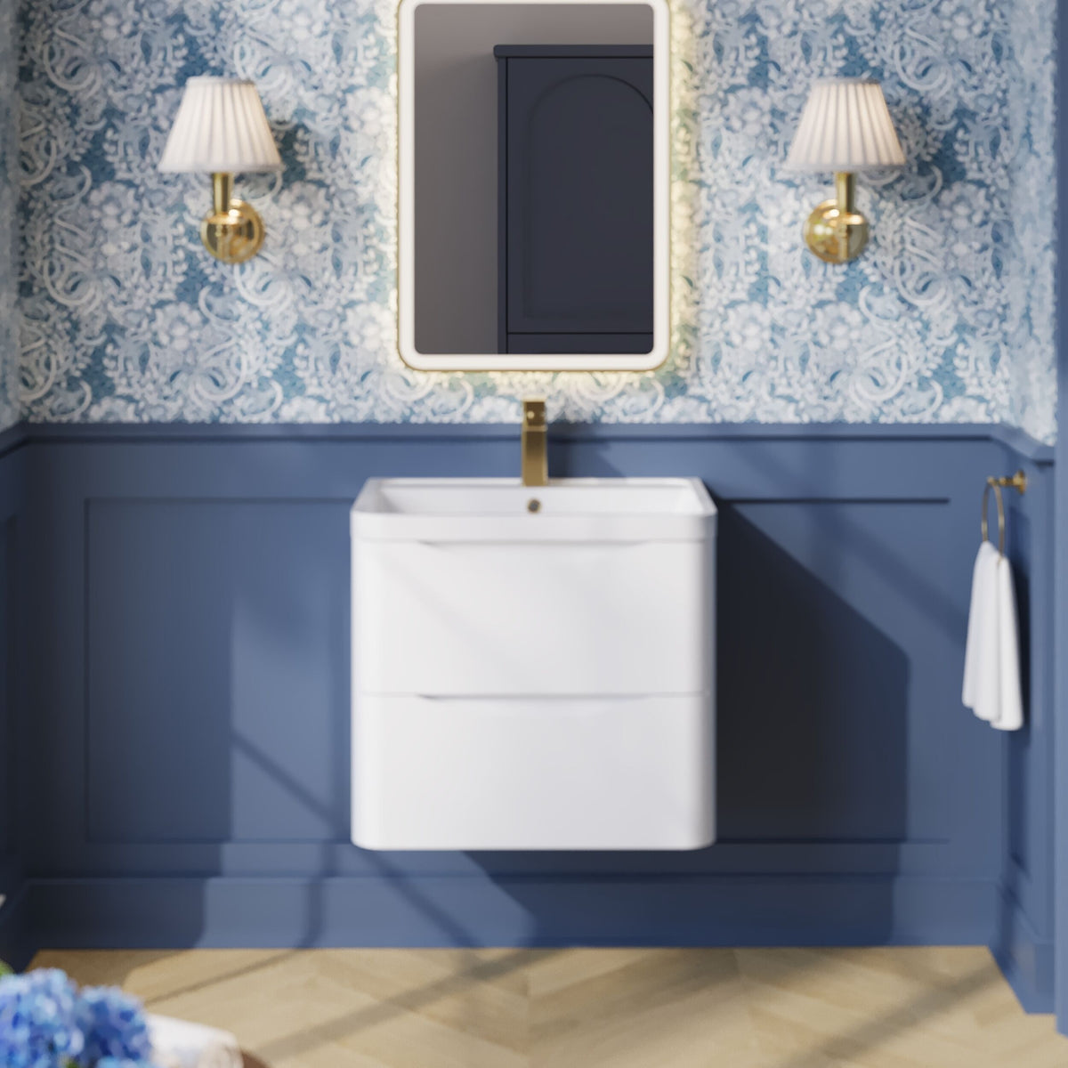 Modern Splash 600mm Satin White 2 Drawer Wall Hung Vanity Unit With Polymarble Basin