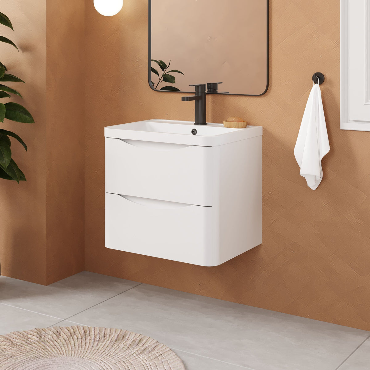 Modern Splash 600mm Satin White 2 Drawer Wall Hung Vanity Unit With Polymarble Basin