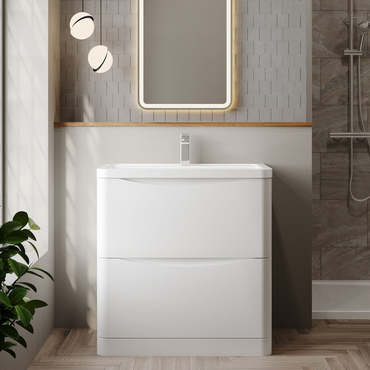 Modern Splash 800mm Satin White 2 Drawer Floor Standing Vanity Unit With Basin