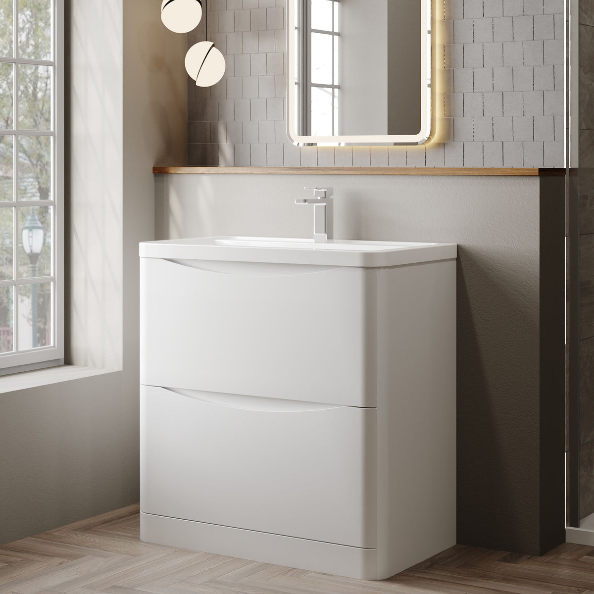 Modern Splash 800mm Satin White 2 Drawer Floor Standing Vanity Unit With Basin