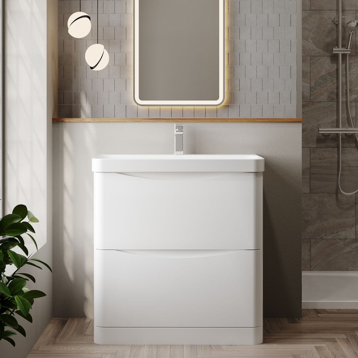 Modern Splash 800mm Satin White 2 Drawer Floor Standing Vanity Unit With Thin Edge Basin