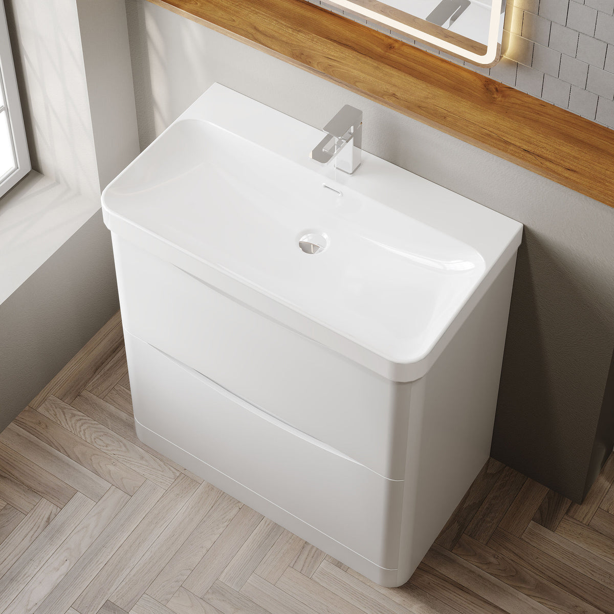 Modern Splash 800mm Satin White 2 Drawer Floor Standing Vanity Unit With Thin Edge Basin