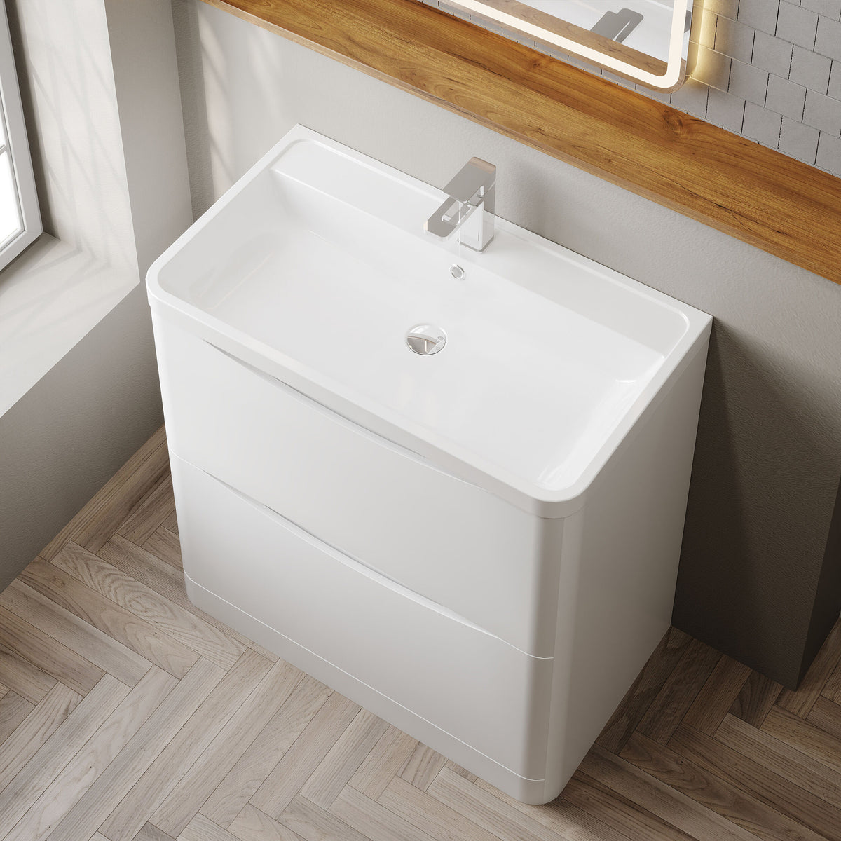 Modern Splash 800mm Satin White 2 Drawer Floor Standing Vanity Unit With Polymarble Basin