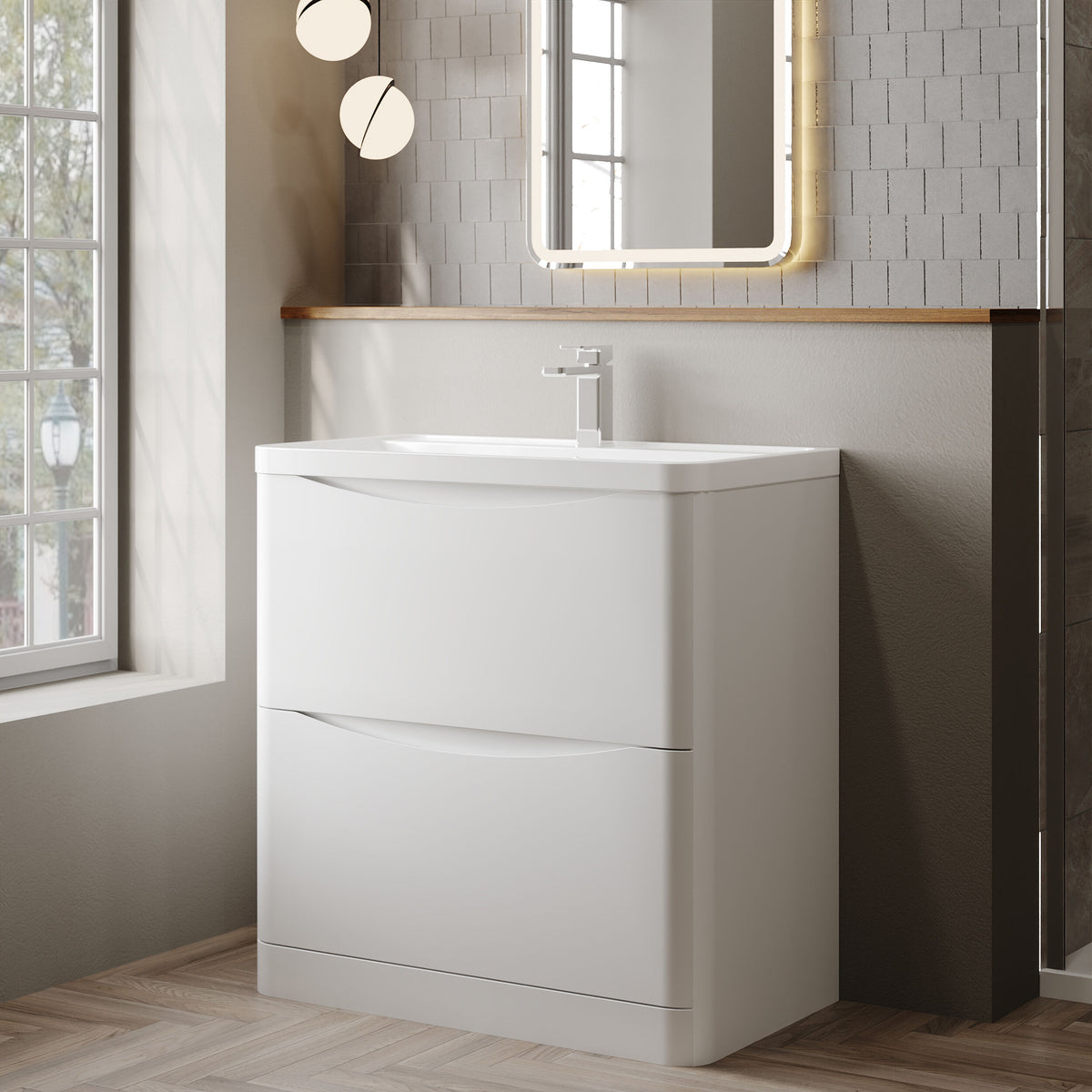 Modern Splash 800mm Satin White 2 Drawer Floor Standing Vanity Unit With Polymarble Basin