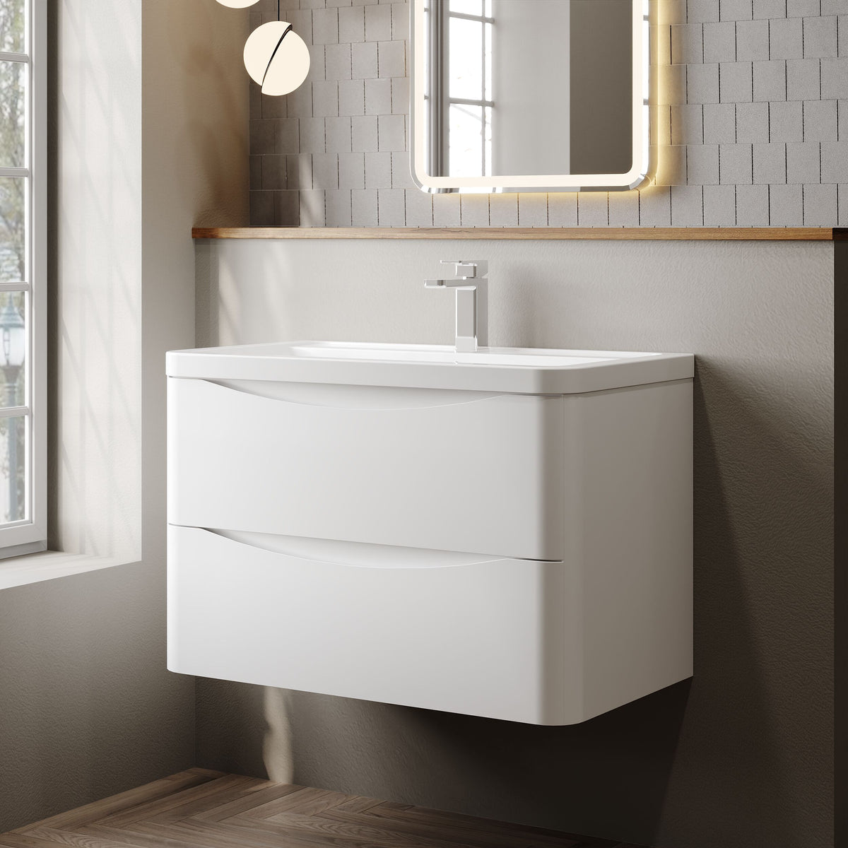 Modern Splash 800mm Satin White 2 Drawer Wall Hung Vanity Unit With Basin