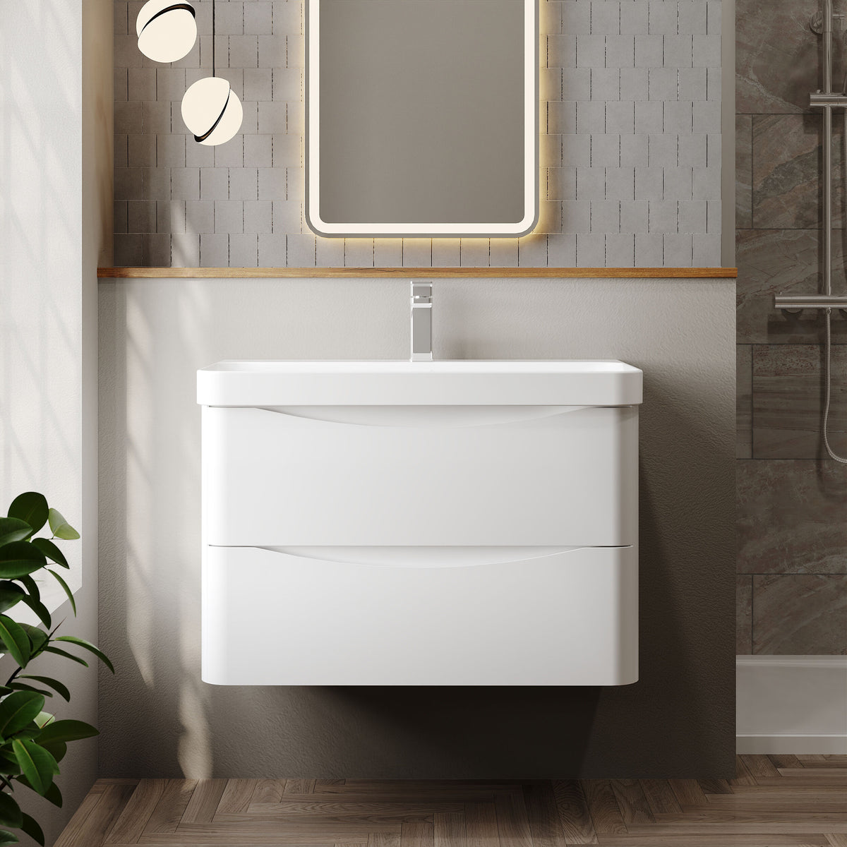 Modern Splash 800mm Satin White 2 Drawer Wall Hung Vanity Unit With Thin Edge Basin
