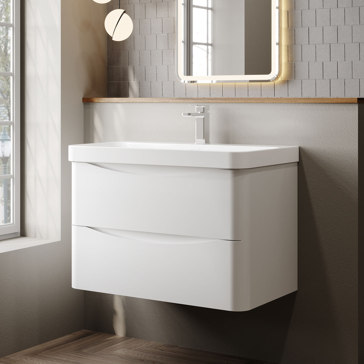 Modern Splash 800mm Satin White 2 Drawer Wall Hung Vanity Unit With Thin Edge Basin