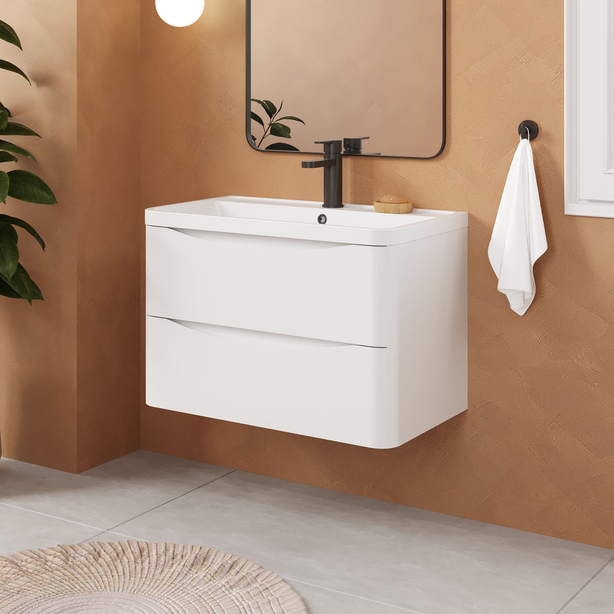 Modern Splash 800mm Satin White 2 Drawer Wall Hung Vanity Unit With Polymarble Basin
