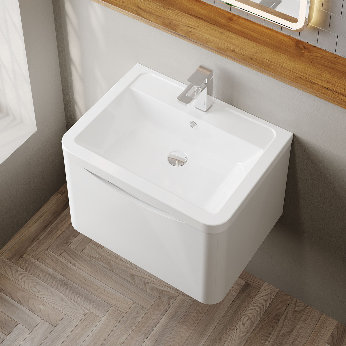 Modern Splash 600mm Satin White 1 Drawer Wall Hung Vanity Unit With Basin