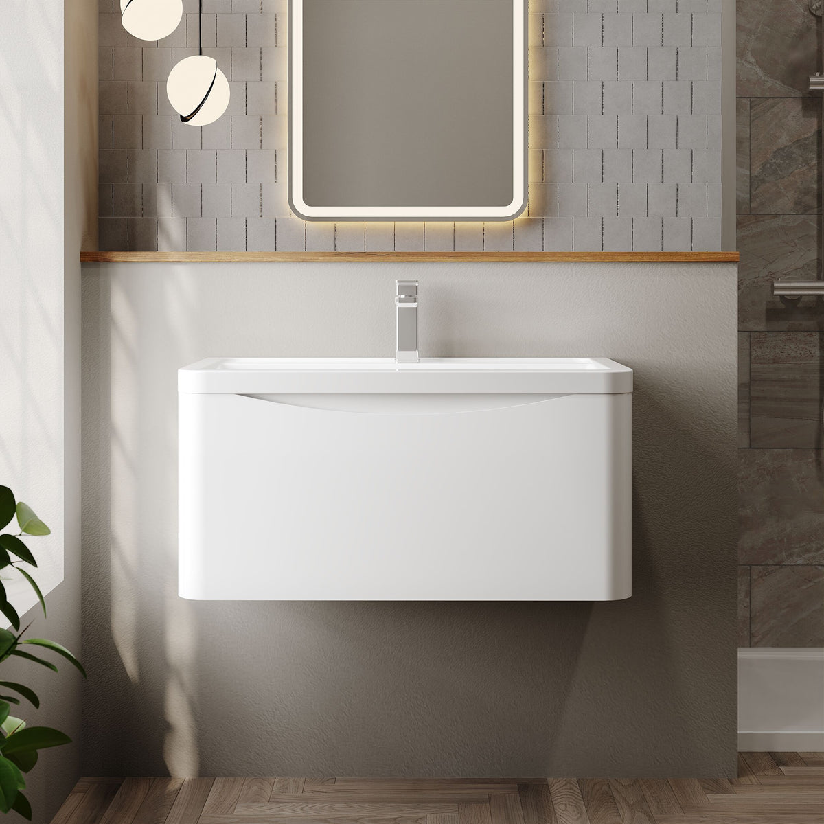 Modern Splash 800mm Satin White 1 Drawer Wall Hung Vanity Unit With Basin