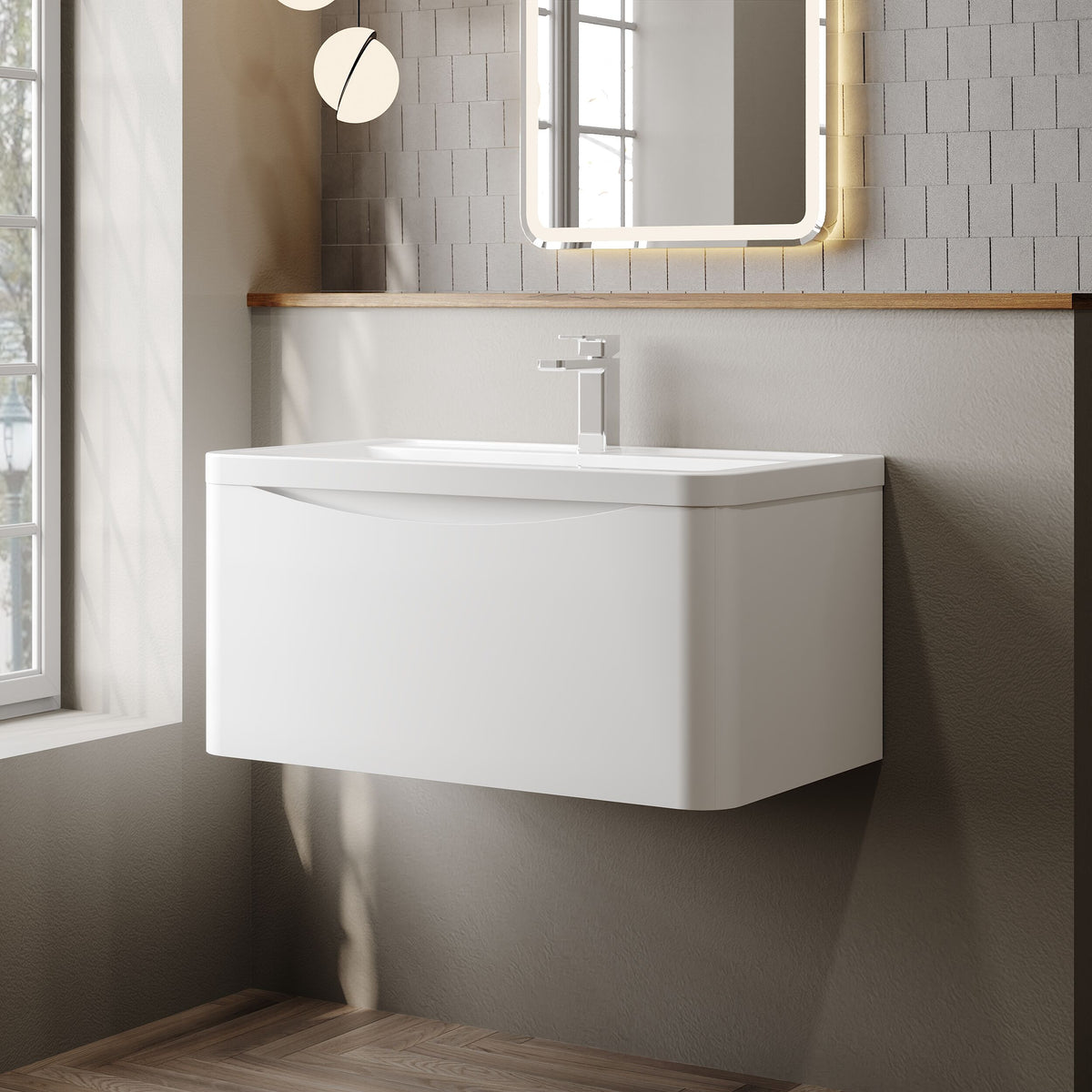 Modern Splash 800mm Satin White 1 Drawer Wall Hung Vanity Unit With Basin