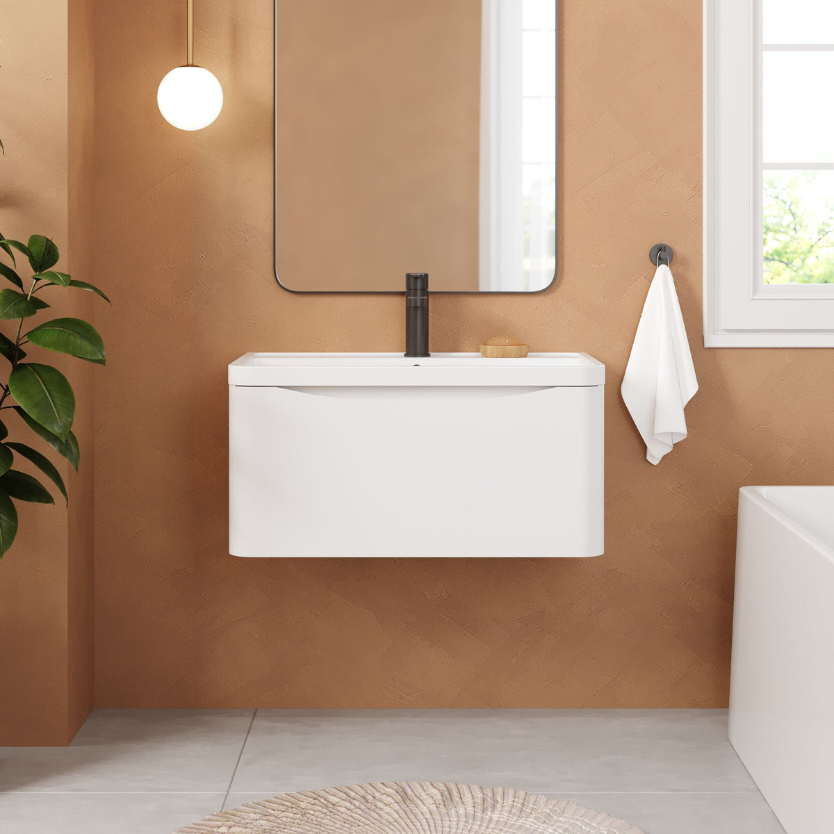 Modern Splash 800mm Satin White 1 Drawer Wall Hung Vanity Unit With Polymarble Basin