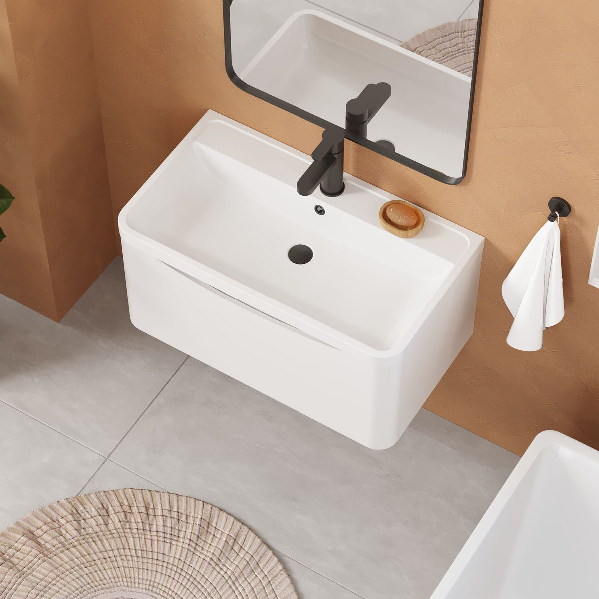 Modern Splash 800mm Satin White 1 Drawer Wall Hung Vanity Unit With Polymarble Basin