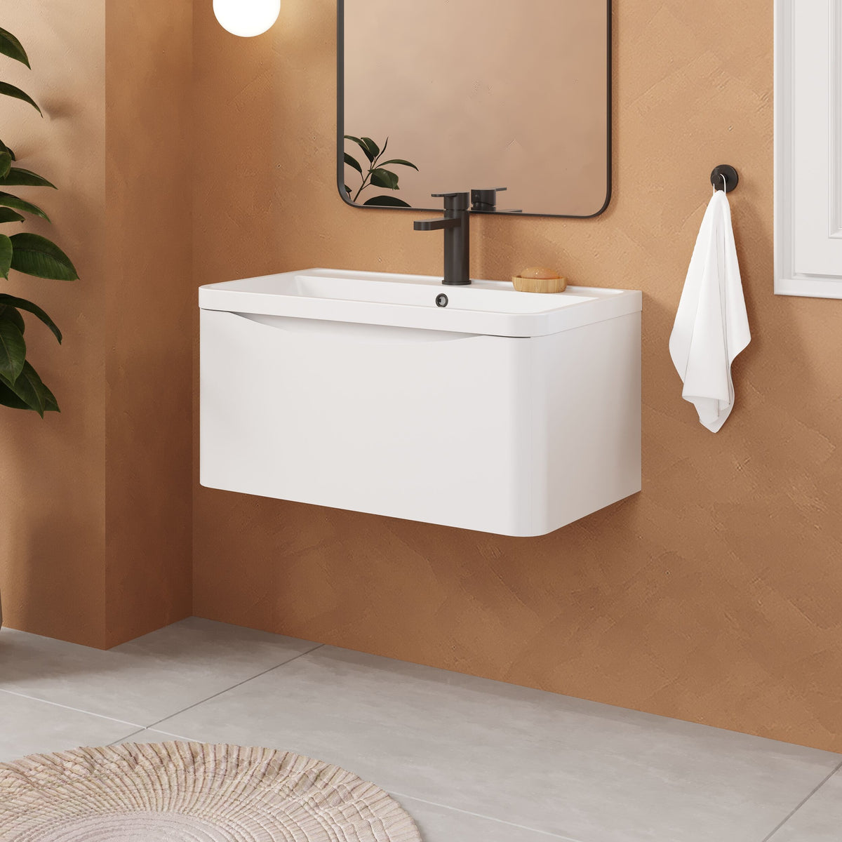 Modern Splash 800mm Satin White 1 Drawer Wall Hung Vanity Unit With Polymarble Basin
