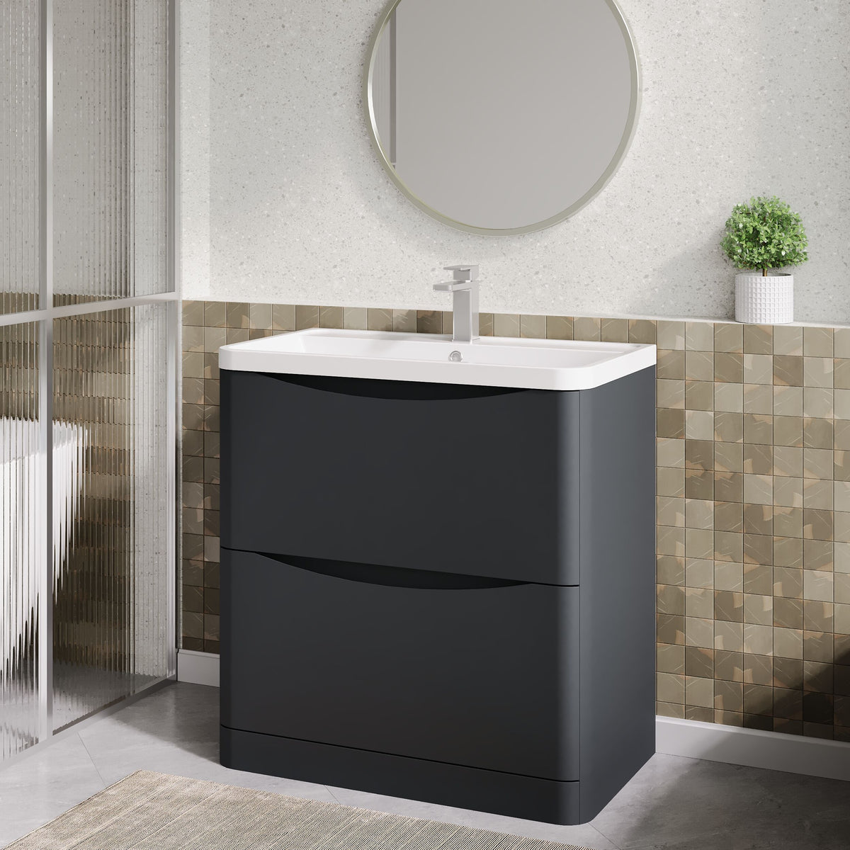 Modern Splash 800mm Soft Black 2 Drawer Floor Standing Vanity Unit With Polymarble Basin