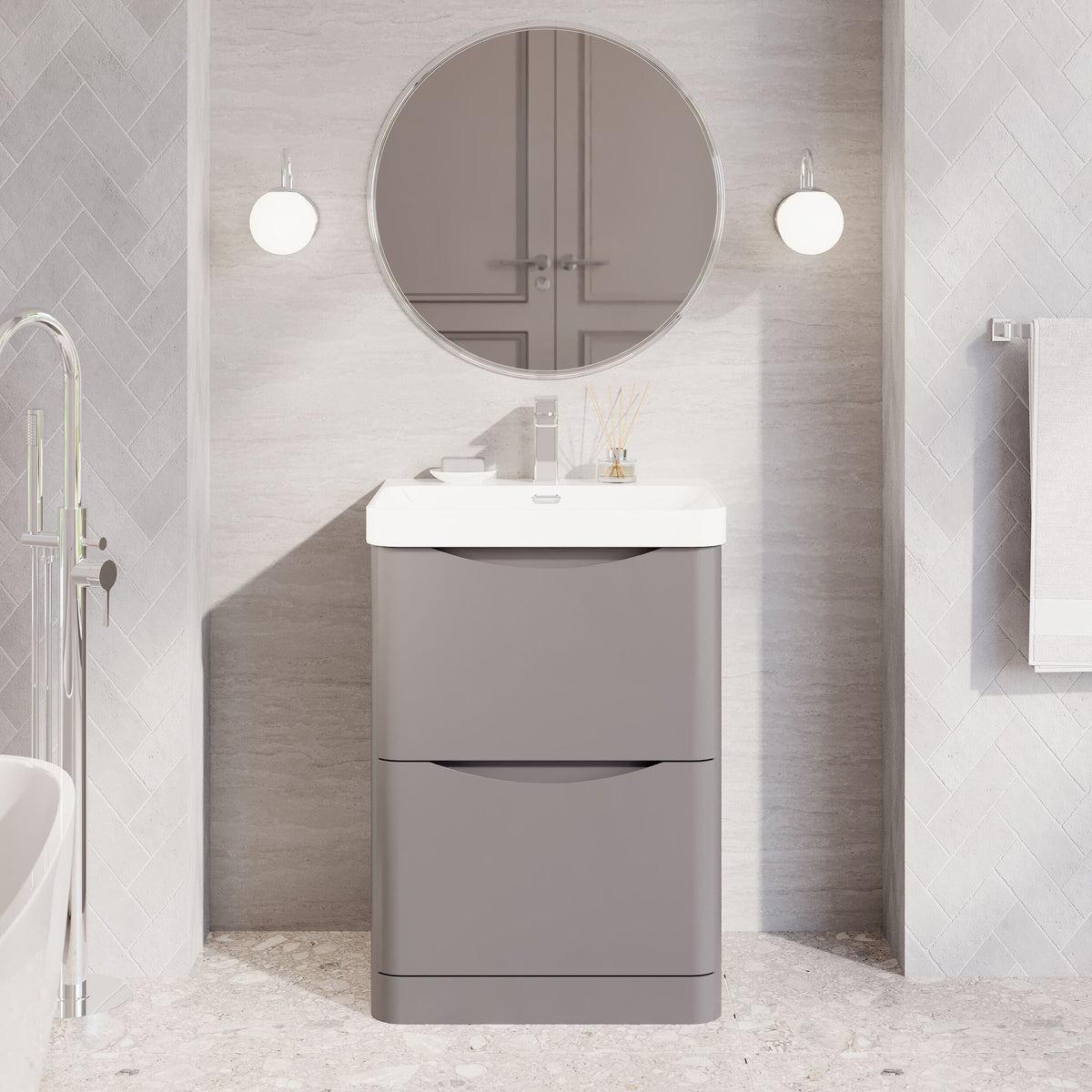 Modern Splash 600mm Satin Grey 2 Drawer Floor Standing Vanity Unit With Thin Edge Basin