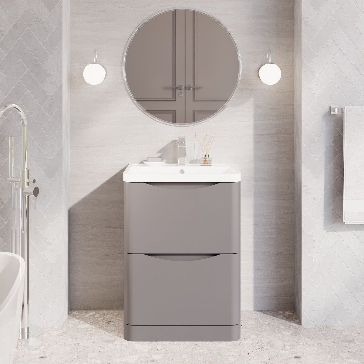 Modern Splash 600mm Satin Grey 2 Drawer Floor Standing Vanity Unit With Polymarble Basin