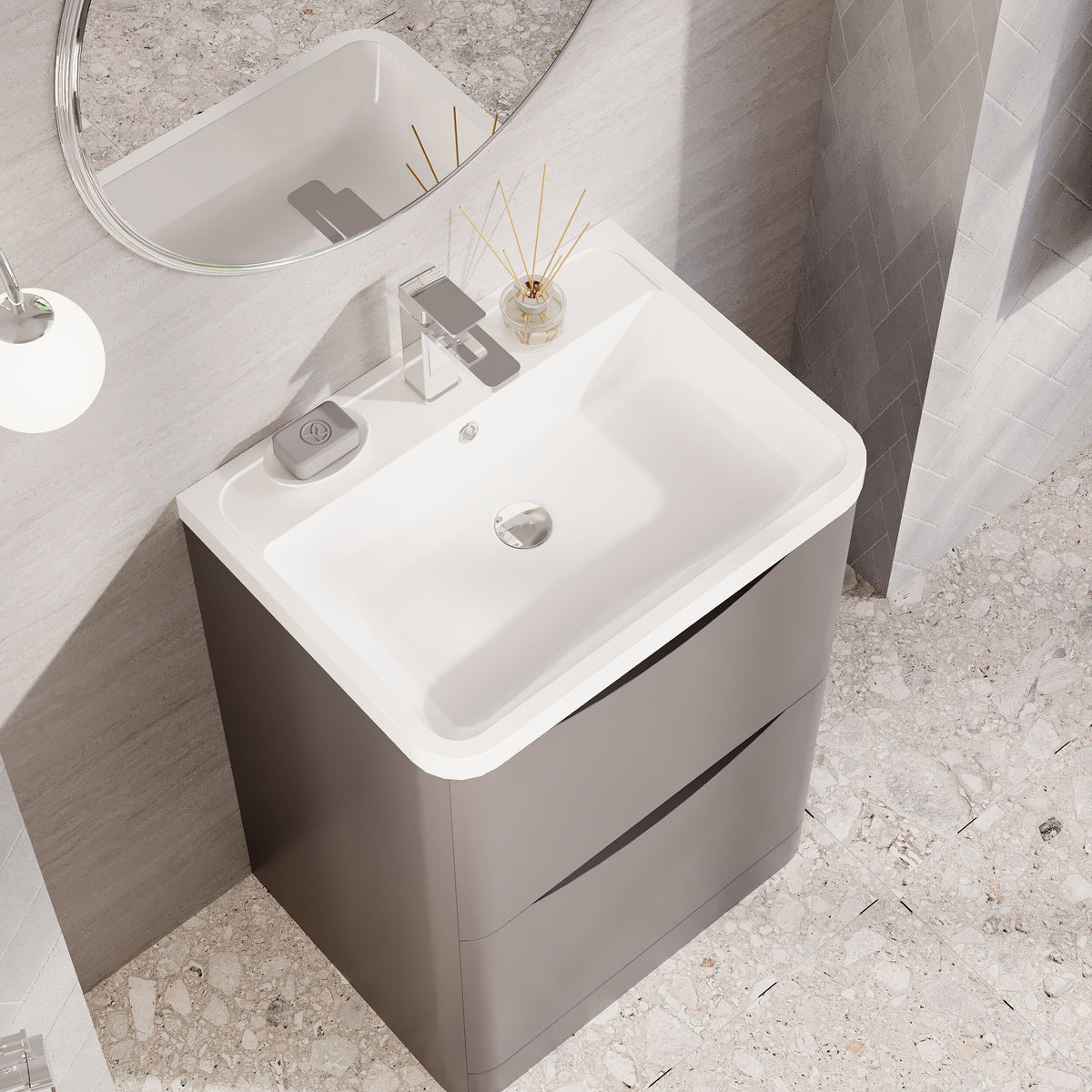 Modern Splash 600mm Satin Grey 2 Drawer Floor Standing Vanity Unit With Polymarble Basin