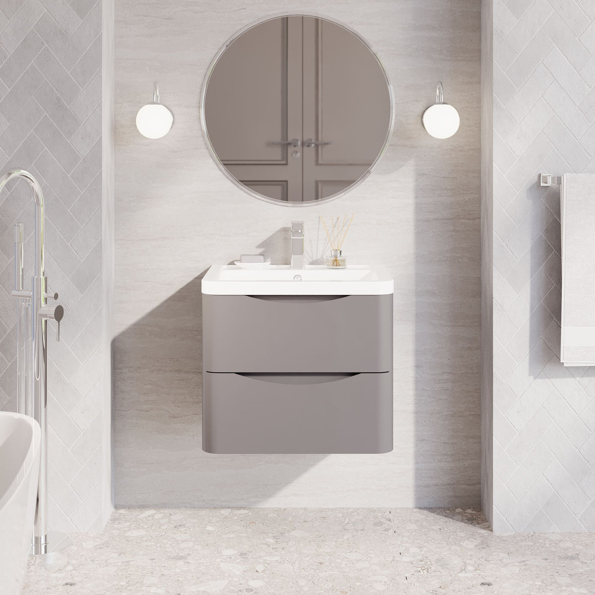 Modern Splash 600mm Satin Grey 2 Drawer Wall Hung Vanity Unit With Basin