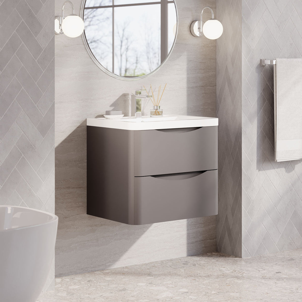 Modern Splash 600mm Satin Grey 2 Drawer Wall Hung Vanity Unit With Basin