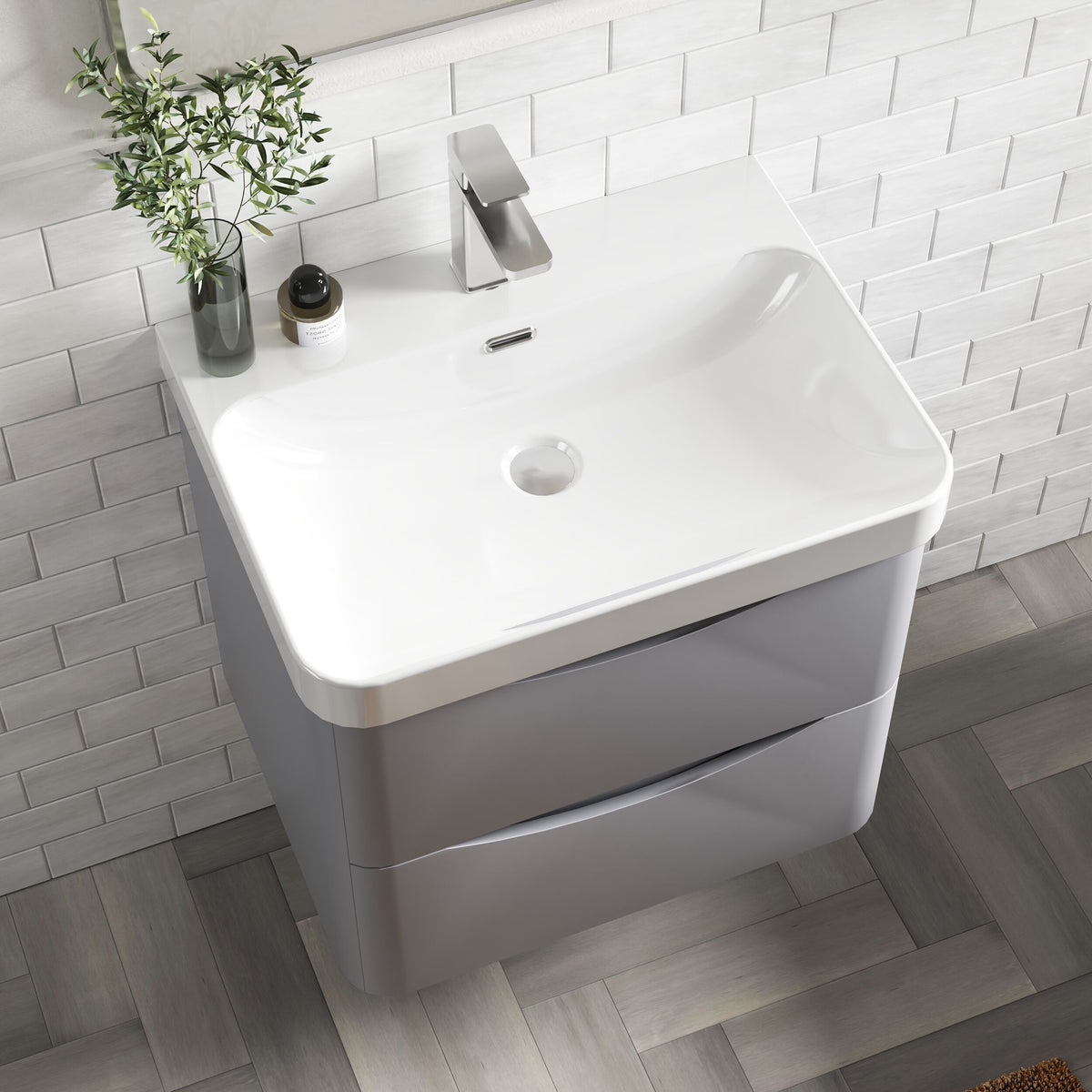 Modern Splash 600mm Satin Grey 2 Drawer Wall Hung Vanity Unit With Thin Edge Basin