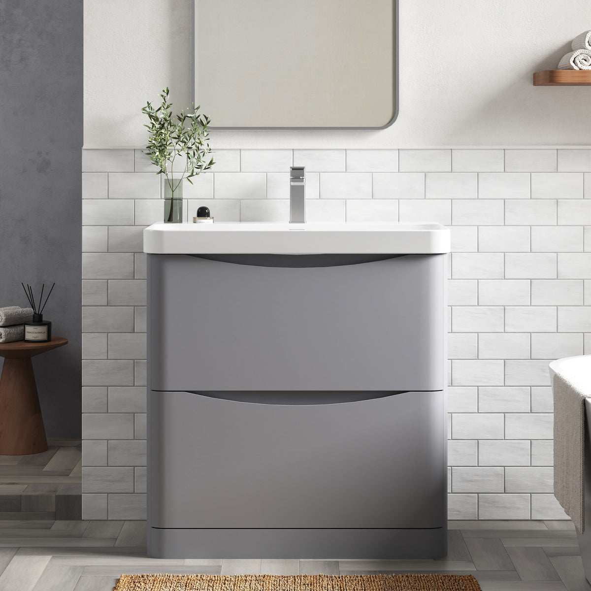 Modern Splash 800mm Satin Grey 2 Drawer Floor Standing Vanity Unit With Thin Edge Basin