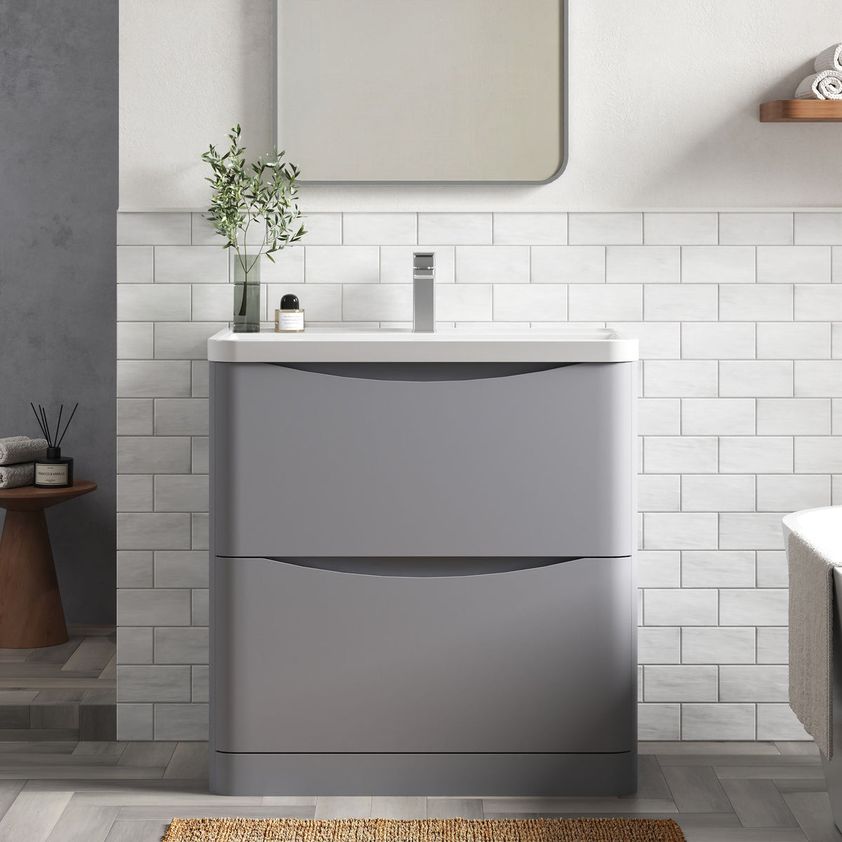 Modern Splash 800mm Satin Grey 2 Drawer Floor Standing Vanity Unit With Polymarble Basin