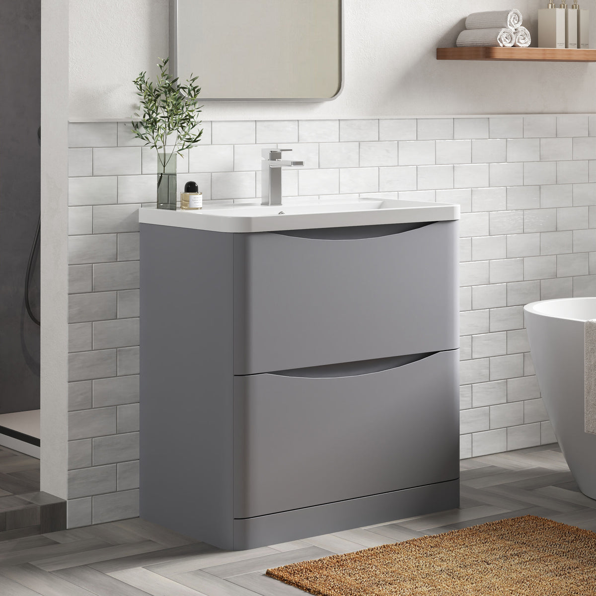 Modern Splash 800mm Satin Grey 2 Drawer Floor Standing Vanity Unit With Polymarble Basin