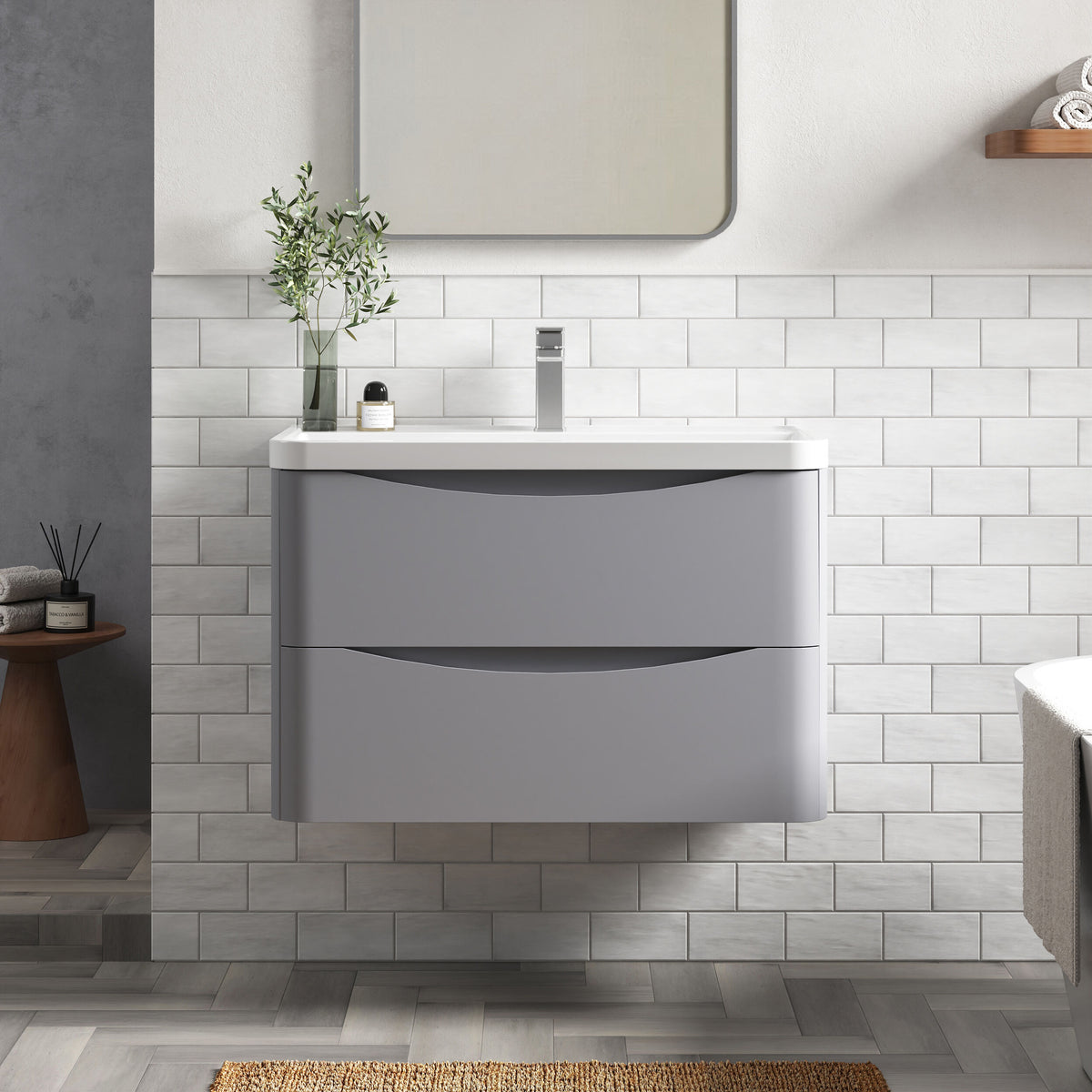 Modern Splash 800mm Satin Grey 2 Drawer Wall Hung Vanity Unit With Polymarble Basin