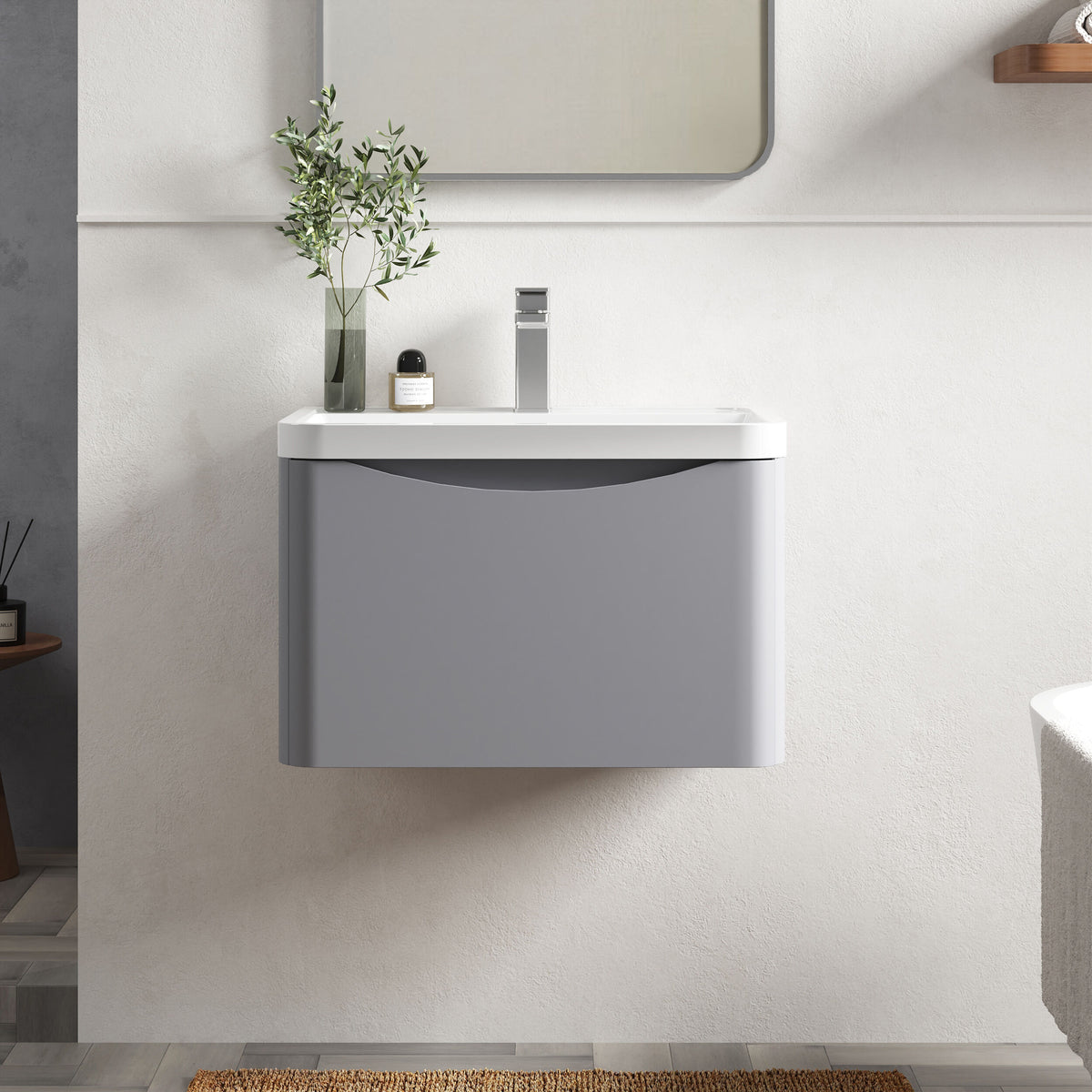 Modern Splash 600mm Satin Grey 1 Drawer Wall Hung Vanity Unit With Polymarble Basin